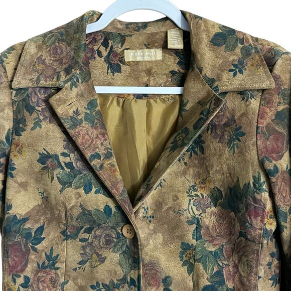 Vintage 90s Kate Hill Floral Leather Jacket – Size 4 Tan Rose Pattern Suede feel - Picture 4 of 14